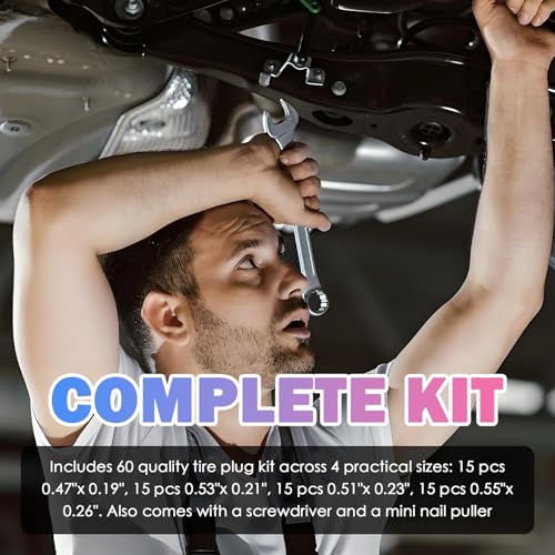 60PCS Tire Repair Kit,4 Sizes Screw in Tire Plugs for Tubeless Repairs with Tools,Quick Self-Service Tires Screw Plugs as Tires Repair Rubber Nail Kit for Motorcycle,Truck