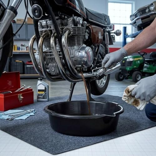 Oil Drain Pan, 7-Quart Black for Oil Change, Reusable Motorcycle and Automotive Engine Drip Tray with Built-in Scale and Spout