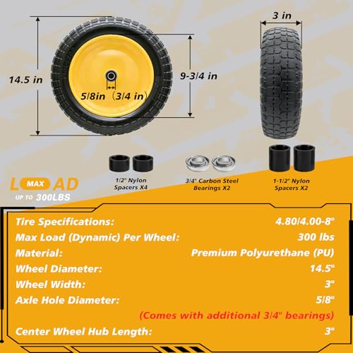 4.80/4.00-8 Flat Free Tire and Wheel, 14.5" Solid Wheelbarrow Tire with 3"-7" Adjustable Centered Hub, 5/8" & 3/4" Bearings, Universal Replacement for Garden Cart, Hand Truck, Dolly (1 Pack) - color: 1 PACK, size: 14.5"-4.80/4.00-8"
