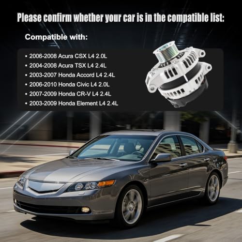 Alternator for 07-09 Honda CRV 2.4, 03-07 Accord 2.4, 04-08 TSX 2.4 13980N - size: 2003‑2007 Accord L4 2.4L