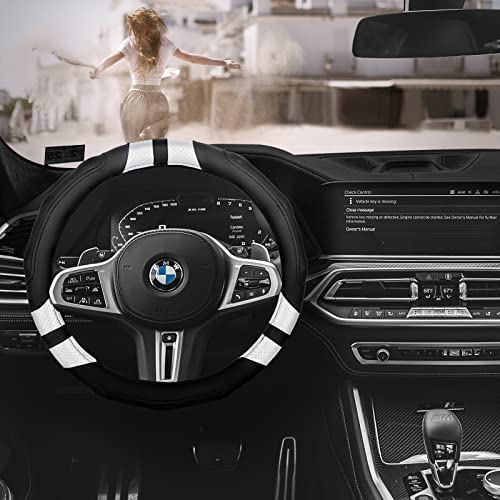 Achiou Steering Wheel Cover 15in Microfiber Leather Anti-Slip Universal - color: Black + White