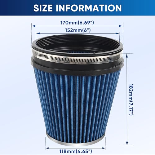 6" 152mm Cold Air Intake Filter Clamp-On Cone Filter Blue - color: Blue, size: 7 inches Tall