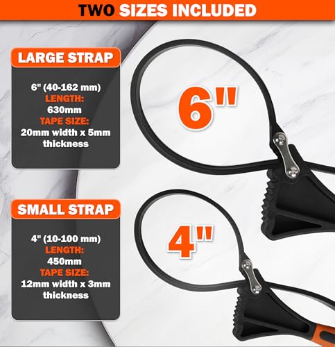 AV Steel Rubber Strap Wrench 2pcs, Adjustable Oil Filter Strap Wrench with Reinforced Belt, Max Diameter 4" and 6", Perfect for Removing Oil Filters, Hard-to-reach Pipes, Jars, Plumbing