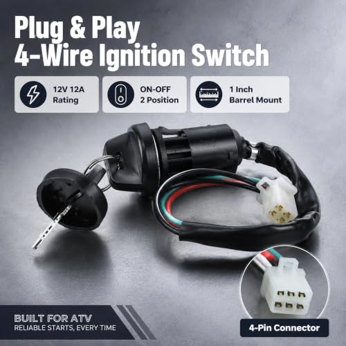 125CC Key Ignition Switch Assembly Compatible with Coleman AT125-EX AT125-UT AT200-B, & TaoTao Raptor 200 ATVs 1" Barrel 16" Long 4-Wire Harness with Connector