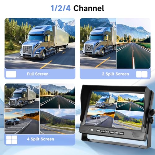 4 Channel 9 inch IPS Backup Camera System with Monitor for Tracks, RVs, Tractors, Bus, CementTruck, HD 1080P Wired Reverse Camera Waterproof Night Vision 4 Cameras Support Recording, Plug and Play