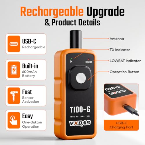 VXDAS T100-G TPMS 재학습 도구, GM 지프 닷지 크라이슬러용, USB-C 충전식 315/433MHz 타이어 압력 센서 리셋 활성화 도구