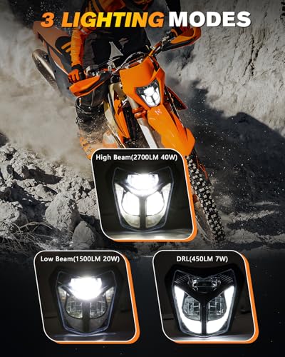 BICYACO DOT LED Dirt Bike Headlight, 40W 2700LM Universal Motorcycle Headlamp with DRL Hi/Lo Beam, IP67 Waterproof Front Light Compatible with EXC XCW SXF SX 125 250 300 350 450 500 Pit Bike Enduro - color: Black D