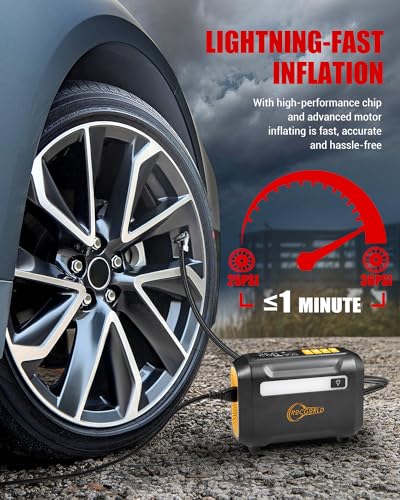 ROCGORLD R8 Tire Inflator Portable Air Compressor, DC 12V Portable Air Compressor with Large Dual Digital Screen, 3X Faster Inflation Portable Air Pump for Car Tires, Bike, Motor - Car Accessories - color: Yellow