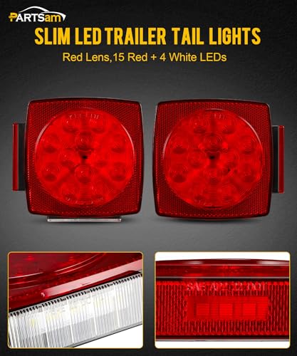Partsam Pair Slim Square LED Trailer Light Submersible Tail Lights 15 Red 4 White LEDs 5050 SMD Stop Turn Tail with Side Clearance and License Lights for Under 80" Boat Trailer 12V IP67 Red Lens - color: Red Lens