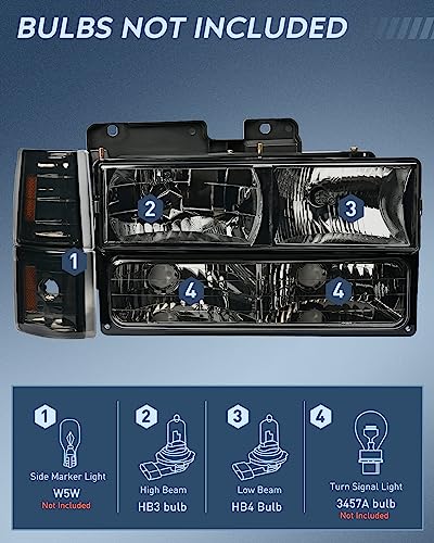 Nilight Headlight Assembly Compatible with 94-98 GMC Sierra Chevy Suburban - color: Smoke Black Housing+ Amber Reflector