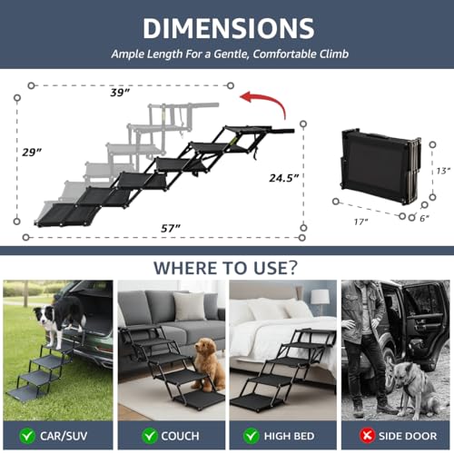 Oiilores Foldable Dog Stairs for Large Dogs - Extra Wide Pet Ramp for Cars, SUV, Truck & High Beds, Non-Slip Surface, Supports Up to 250 Lbs, 6 Steps - size: 6 Steps