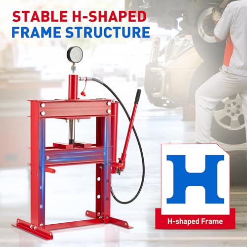 Hydraulic Press, 10 Ton Heavy Duty h-Frame Garage Floor Shop Press with Plates & Adjustable Table Height for Bending, Straightening, Installing Bearings & u-Joints