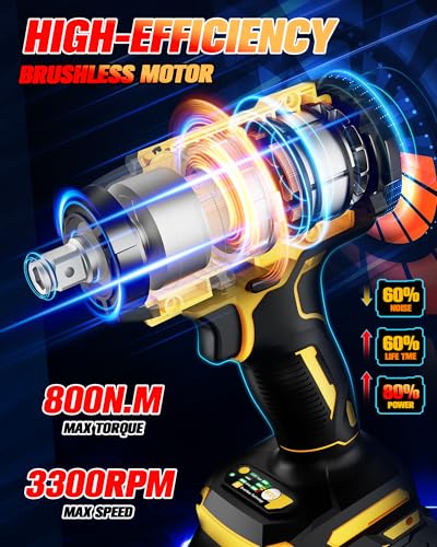 Urjoai Cordless Impact Wrench - 590Ft-lbs (800N.m) Brushless 1/2 inch, 3300RPM High Torque Impact Gun, 2x 4.0Ah Battery, Charger & 7 Sockets, Electric Impact Wrench for Car Home