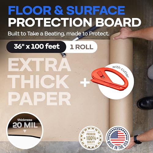 Construction Paper 36" x 1200" (100 feet, 300 sq.ft.) with Cutter – Extra Thick Floor Covering for Protection (20 mil, 200 lbs) - Contractor Paper for Remodeling & Surface Protection by IDL Packaging - color: 36"x100', Extra Thick, Brown, size: 1 Roll + T