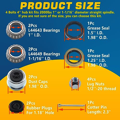 4 on 4'' Trailer Hub Kit for 2000 lb 1" or 1-1/16" Straight Axle - color: 4x4'' Hub Kit for 2000 lbs Axle - 1Set