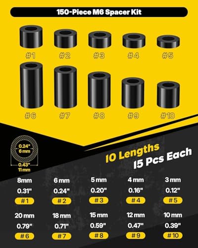 Vibit 150 Pcs M6 Nylon Spacers for Screws, ID 6 mm & OD 11 mm, 10 Lengths – 3 mm 4 mm 5 mm 6 mm 8 mm 10 mm 12 mm 15 mm 18 mm 20 mm, Non-Threaded Plastic Spacers Round Spacer for M6 Screws, Black - size: M6,150PCS