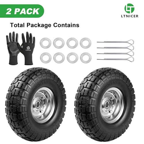 4.10/3.50-4 Tire Wheels Flat Free 10" Heavy Duty Solid Flat-Free Replacement Tire with 5/8 Axle Compatible with Gorilla Carts, Wheelbarrow, Dolly, Hand Truck (2-Pack)