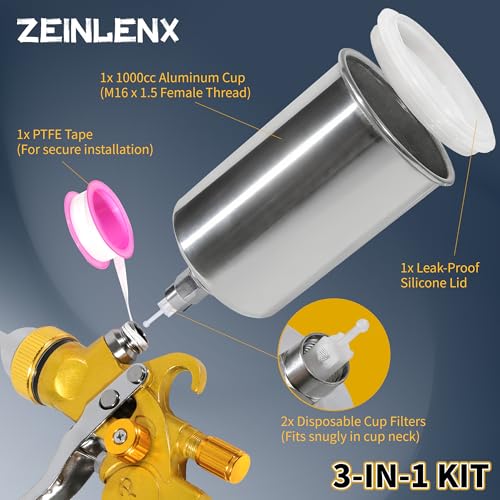 Gravity Feed Spray Gun Cup, 1000ml Polished Aluminum Paint Cup