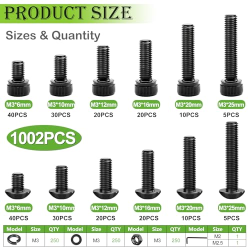 mxuteuk 1002PCS M3 Screws,M3 Metric Screws Assortment Kit,M3×6/10/12/16/20/25mm Machine Screws,12.9 & 10.9 Grade Alloy Steel Hex Socket Button & Cap Head M3 Bolts with 2 Hex Wrench - size: 1002PCS M3
