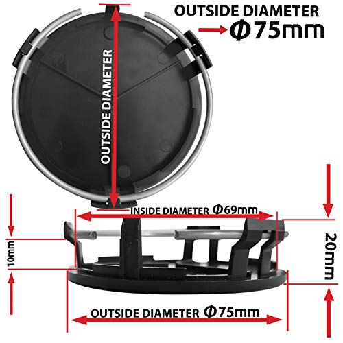 Set of 4 x 75mm Wheel Centre Caps Compatible with Mercedes Benz B66470207 / B66470200 Black CM 25