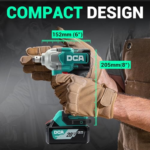 DCA Cordless Impact Wrench 1/2 INCH, Max 503Ft-lbs/682N.m Brushless Impact Gun, High Torque Electric Impact Driver with Hog Ring, 4 Modes with Smart Loosen Function, 2 * 4.0Ah Battery