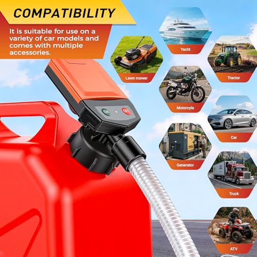 Fuel Transfer Pump with Auto-Stop Sensor, USB/Battery Powered Portable Gas Can Pump with 3.8 GPM High Flow, 51 Inch Long Hose & 4 Adapters, Leak-Free Transfer Pump for Gasoline, Diesel