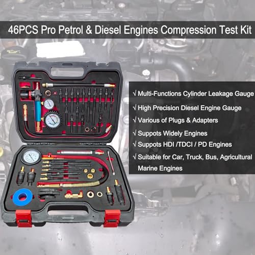 Professional 46-Piece Diesel & Petrol Engine Compression and Leak Down Tester Kit | Dual Gauge Diagnostic Tool for HDI, TDCi, Pumpe Duse Engines | Automotive Cylinder Leak Maintenance Test