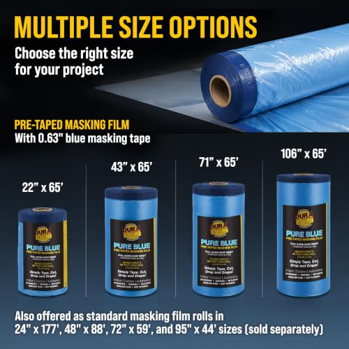 Dura-Gold 71" x 65' Pure Blue Pre-Taped Masking Film, (3 Pack) Painters Plastic Roll (0.4 Mil), Pull Down Drop Sheet, Pre-Taped Plastic Sheeting for Painting Protection on Auto, Walls, Furniture