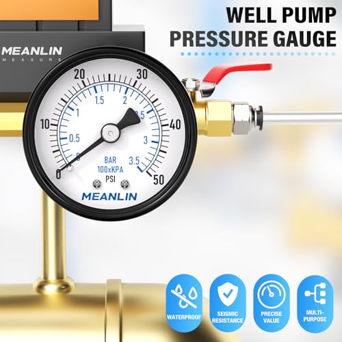 MEANLIN MEASURE 0-50Psi 2" DIAL FACE 1/8" NPT Well Pump Pressure Gauge, with 1/4" NPT and 3/8" NPT Hex Bushing, 3-2-3% Accuracy, Center Back Mount - color: 1/8"NPT Back Mount, size: 0-50Psi