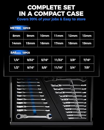 toolant 24pcs Ratcheting Wrench Set, Flex-Head Ratchet Combination Wrench Sets with Switch Design, 8-19mm & 1/4"-7/8", 90-Tooth and 4°Swing, 24PCS with Storage Tray
