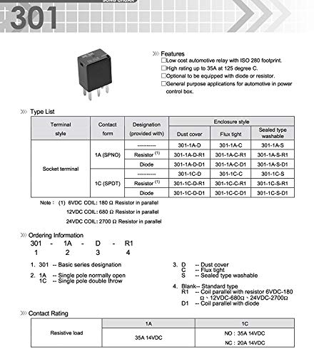Automotive Purpose Relays 301-1C-C-R1-U01-12VDC 5 PIN (4Pack) - size: 4Pack-12VDC-U01
