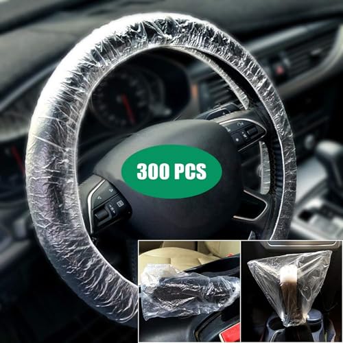300Pcs Clear Disposable Car Protective Covers Include 100Pcs Disposable Steering Wheel Covers 100Pcs Disposable Gear Shift Cover 100Pcs Disposable Handbrake Cover for Auto Car Accessories