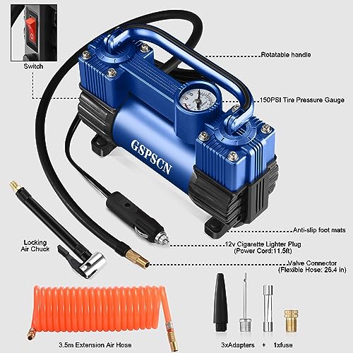 GSPSCN 12V Heavy Duty Tire Inflator Metal Portable Air Compressor Pump - color: Blue