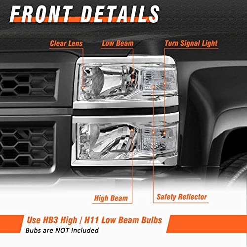 for 2014-2015 Chevy Silverado Headlights Assembly Chrome Pair - color: B-Chrome Housing Clear Reflector
