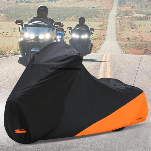 Waterproof Motorcycle Cover for Touring Models Made for Harley Davidson Road King Road Glide Street Glide Electra Glide Low Rider-ST Indoor & Outdoor All Weather Protection (Black & Orange)