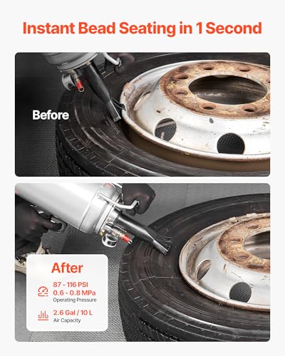 VEVOR Portable Tire Bead Seater, 2.6 Gal/10 L Air Bead Blaster, Handheld Tire Inflator Tool, 87-116 PSI Operating Pressure, Trigger Seating Inflator for Car, Compact SUV, Light Truck, E-Bike, RV, ATV - size: 2.6 Gal/10 L