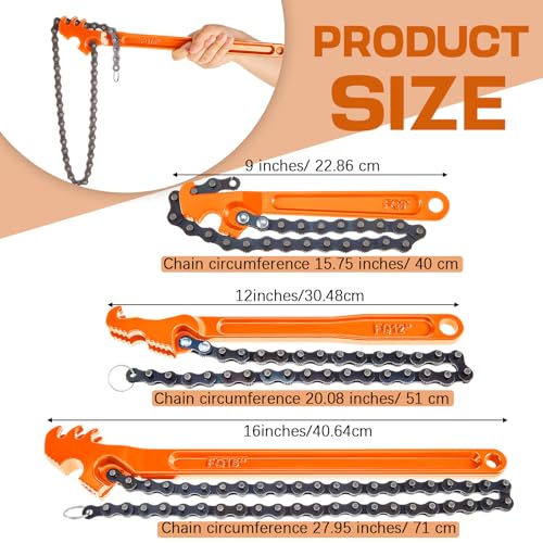 Lasnten 3 Pcs Large Reversible Chain Oil Filter Wrench with 12 16 9 Inch Chain Wrench Adjustable Heavy Duty Carbon Steel Sturdy Pipe Fitting Tool Spanner for Ratcheting Universal(Orange) - color: Orange