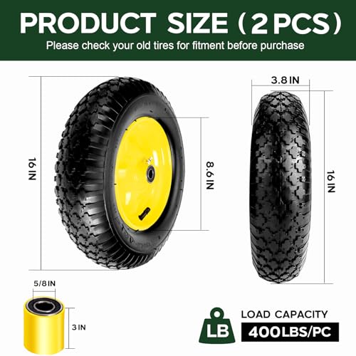 Taifa 2 PCS 16" Pneumatic Rubber Replacement Tires and 4.80/4.00-8" Wheels with 5/8" Bearings, Inflated Air Wheel for Garden Cart/Hand Truck/Trailers/Dolly/Wheelbarrow/Wagon/Trolley etc.