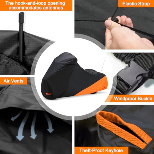 Waterproof Motorcycle Cover for Touring Models Made for Harley Davidson Road King Road Glide Street Glide Electra Glide Low Rider-ST Indoor & Outdoor All Weather Protection (Black & Orange)