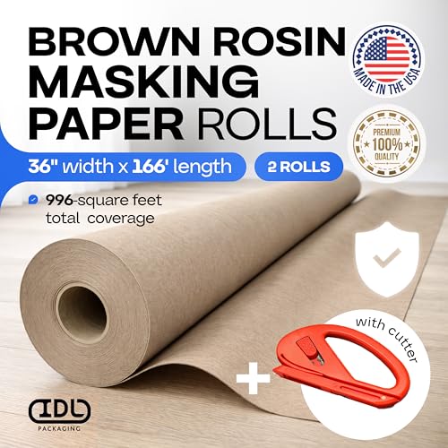 Brown Rosin Masking Paper 36" x 166 feet, 2 Rolls + 1 Cutter – Thick Floor Covering (66 lbs, 996 sq.ft. total) - USA-Made Masking Paper for Painting & Construction, Surface Protection by IDL Packaging - color: 36"x166', Thick, Brown, size: 2 Rolls + Tool