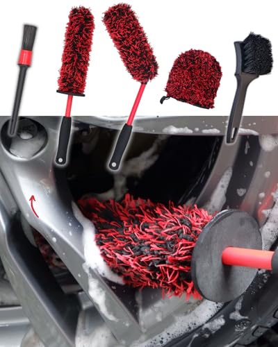 oesee Microfiber Wheel Brush Kit- Microfiber Wheel Brush, Long Handle Wheel Brush, Tire& Detailing Brush, Wheel Wash Mitt. Hands-On Wheel Detailing Kit for Daily Wheel Cleaning - color: Red/Black, size: 5-Pack