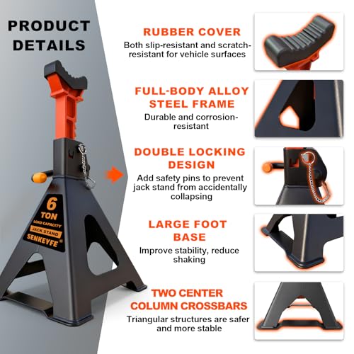 6 Ton (13,200 LBs) Jack Stands with Crossbars,Double Pin Locking,Rubber Cover,Large Foot Base,15"-22" Adjustable Height,Heavy Duty Car Jack Stands,Lifting Bus,RV,SUV,MPV,Pickup Truck,2 Pack - color: orange-upgraded, size: 6ton Load Capacity