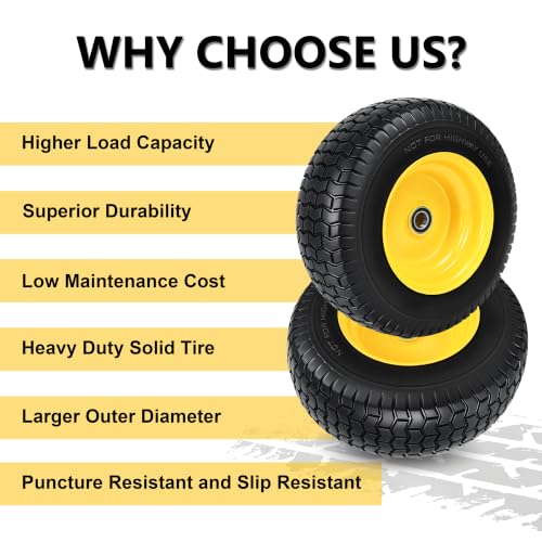 2 Pcs 16x6.50-8 Flat Free Lawn Mower Tire and Wheel with 1 Inch Axle - size: 2 Pcs 16x6.50-8 Flat Free 1" Bearing