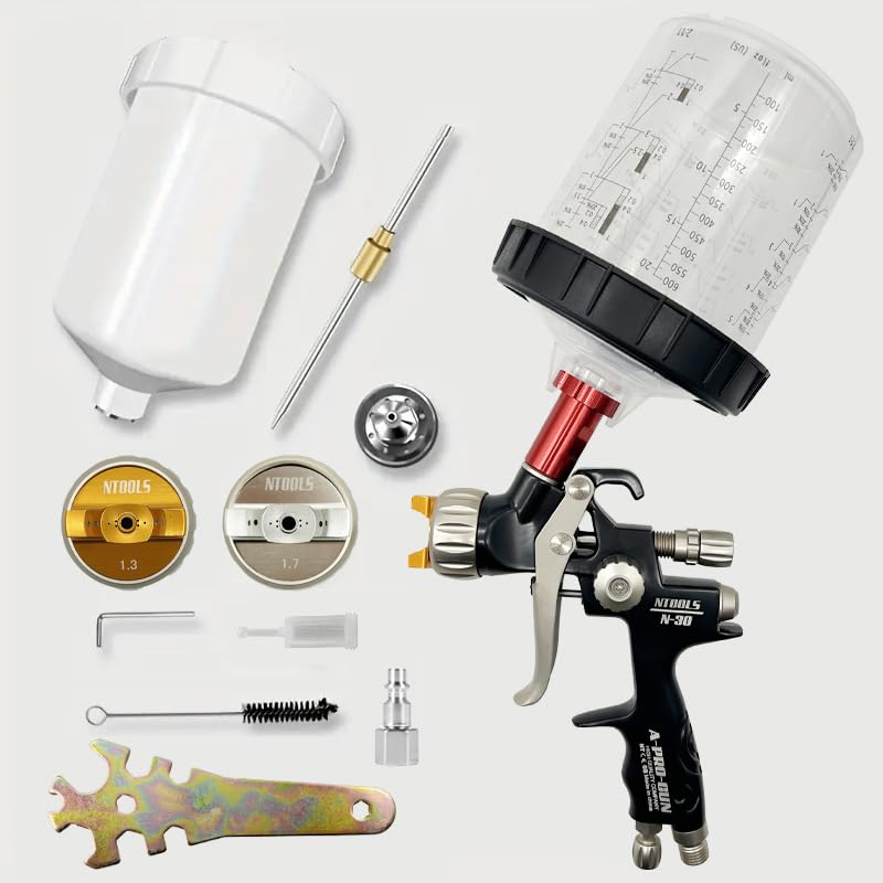 Automotive Air Paint Sprayer Gun Kit, 1.3mm HVLP Spray Gun and 1.7mm Nozzles Needle Cap with 600cc Disposable Cup for Car Primer, Topcoat & Touch-Up, Furniture Painting.