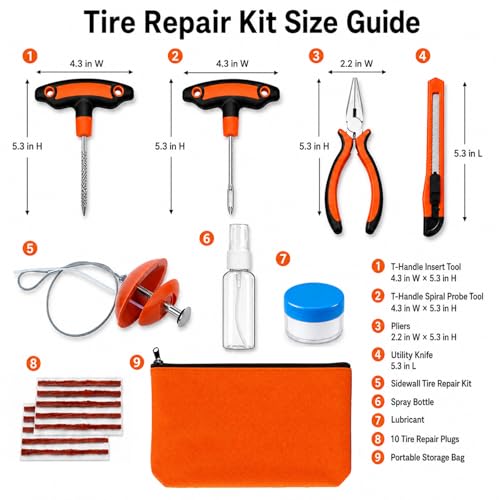 Flat Tire Repair Kit with Plugs 18 Pcs,Heavy Duty Sidewall Tire Repair Patch Tool Kit for Car,Motorcycle,ATV,UTV,SXS,Truck,Tractor,Parches para Llantas De Carro