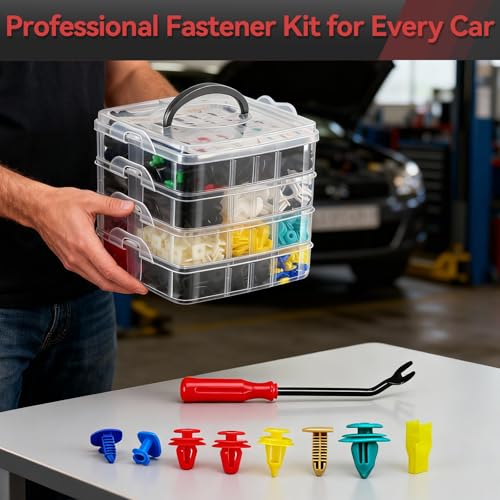 1240PCS Auto Retainer Clips Kit with Trim Removal Tools and 3-Layer Organizer Box, 32 Sizes Push Rivets Fasteners for Car Bumper, Fender, Door Panel and Interior Repair - style: 1240pcs