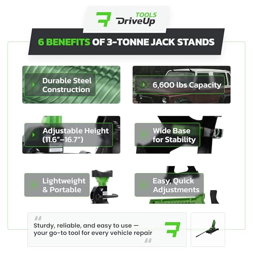 Jack Stands 3 Ton (6,600 lb) Heavy Duty Steel, Double Locking, Set of 2, Adjustable Height 11.03-16.7 Inch, Green Car Jack Stands for Cars SUV Trucks Vans