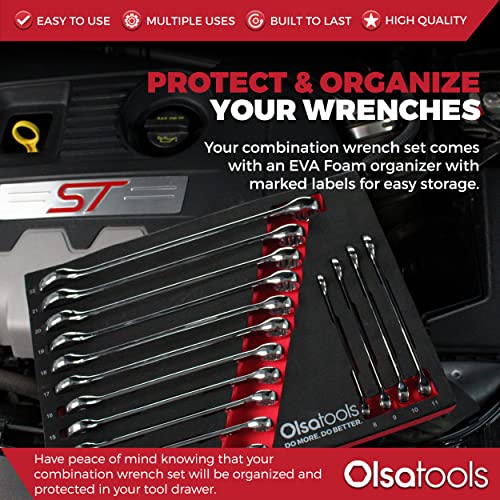 Olsa Tools 15 Pcs Metric Combination Wrench Set, Sizes 8-22mm, Unbreakable, Chrome Vanadium Steel, Polycarbonate