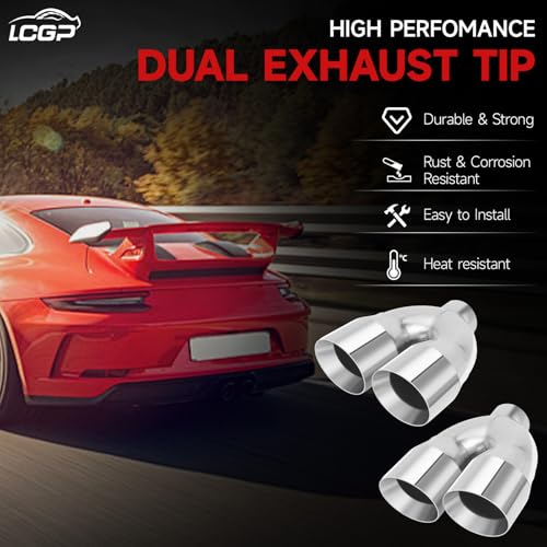 LCGP 2.5 Inch Dual Exhaust Tip, 2.5" Inlet 4" Outlet 9.5" Length, Polished Stainless Exhaust Tip, Double Wall Weld-on Angle Cut, Tailpipe for Car Truck, 2PCS - size: 2.5x4x9.5 inch, style: Polished