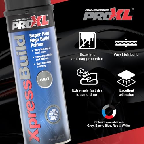 ProXL XpressBuild Super High Build White Primer Aerosol - 500 ml | Ultra Fast-Drying White Primer Filler | Fills Scratches & Sanding Marks | Excellent Adhesion on Metal & Plastic | Sandable in 20 Minutes | Vari-Nozzle Included